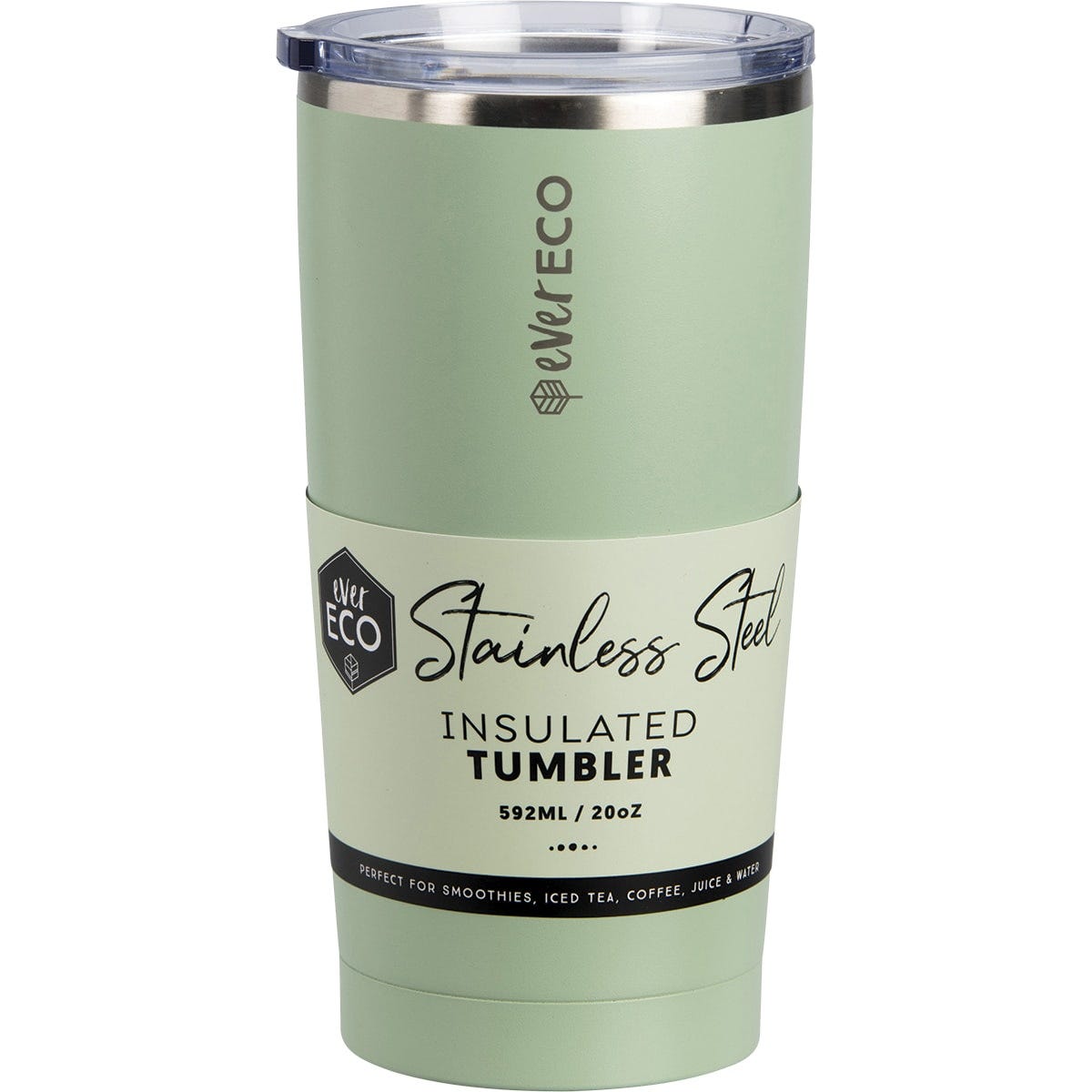 Sage green 592ml Ever Eco insulated stainless steel tumbler with a clear sliding lid on a white background.