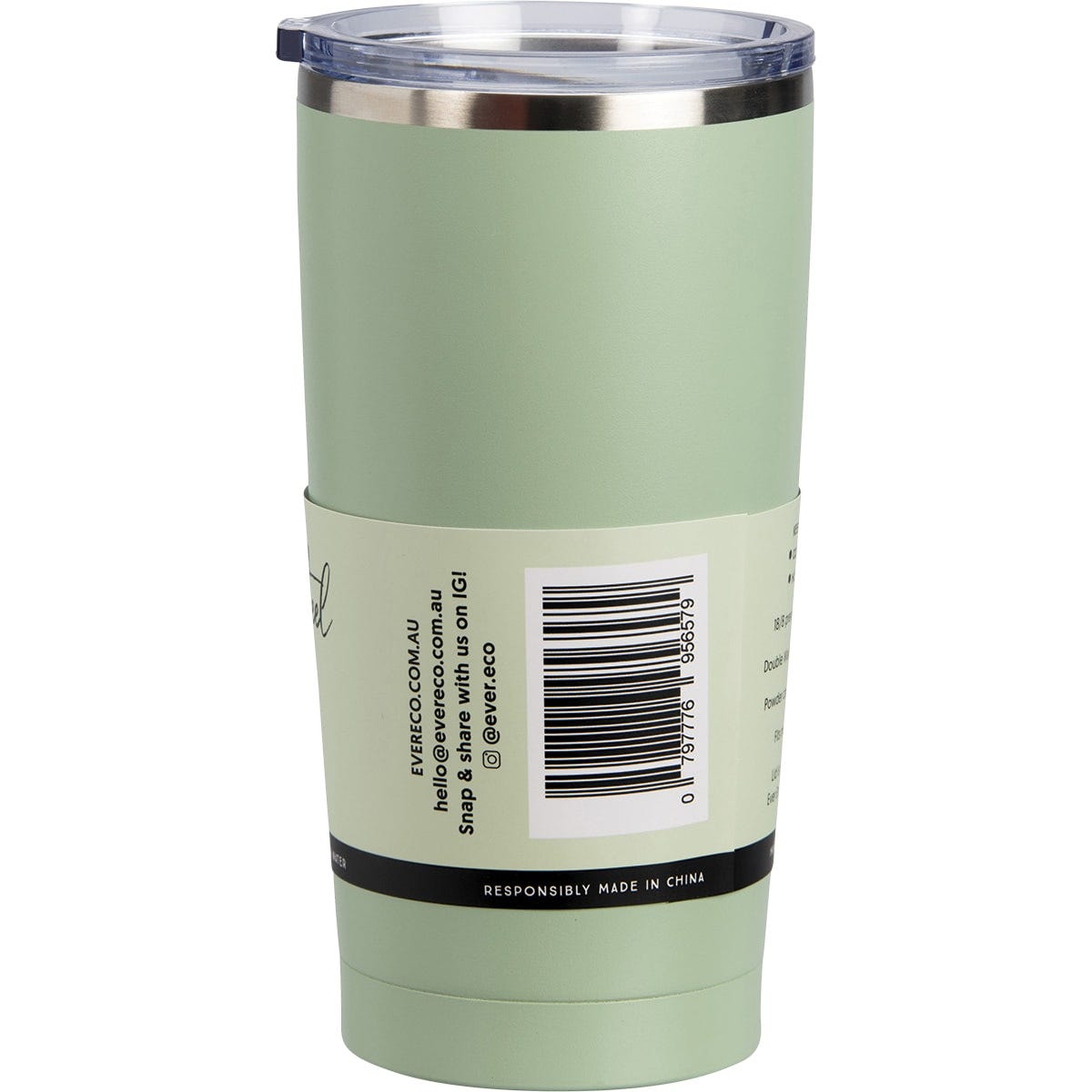 Sage green 592ml Ever Eco insulated tumbler with a clear lid, shown from a side angle on a white background.