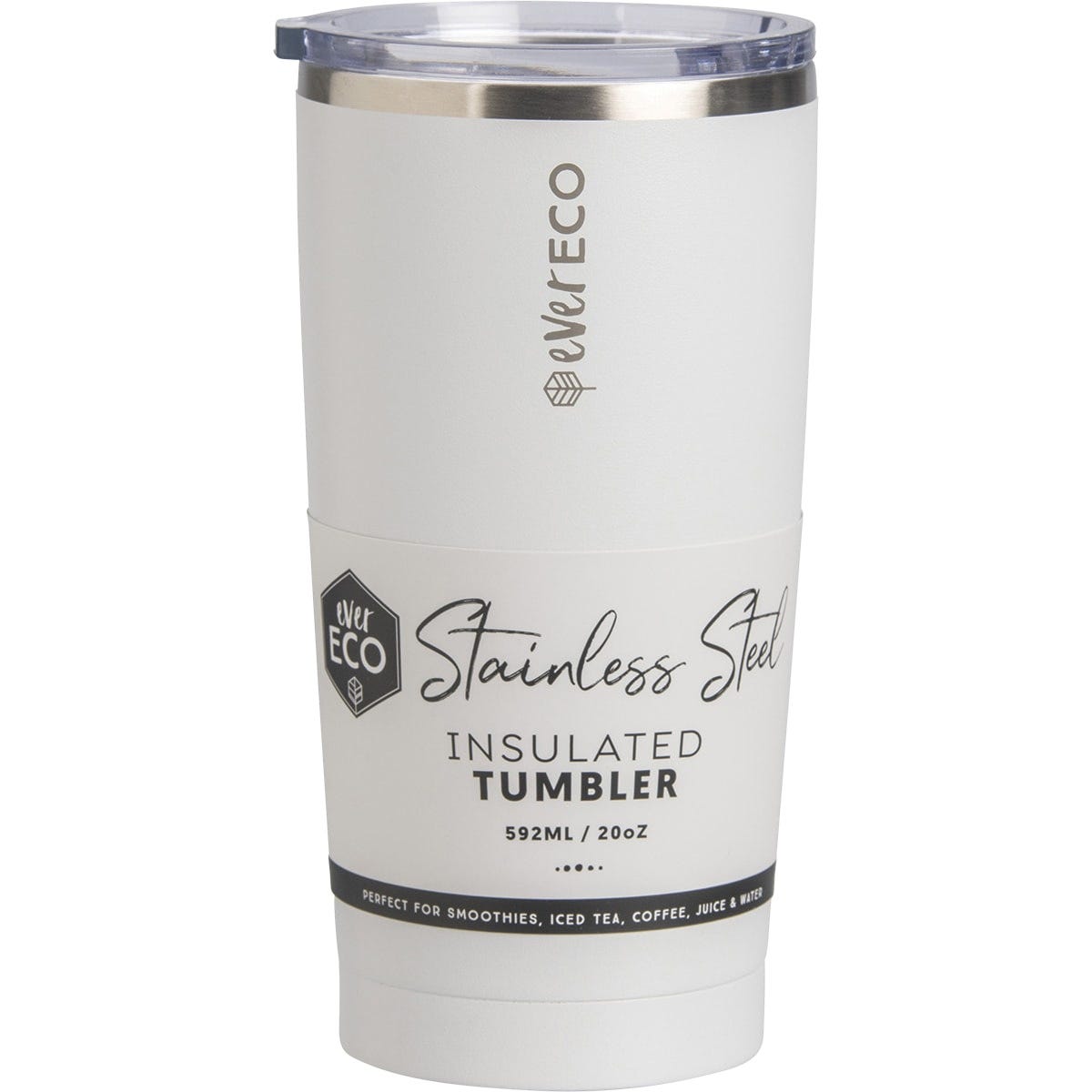 White 592ml Ever Eco insulated tumbler with a clear sliding lid and a matte powder-coated finish.