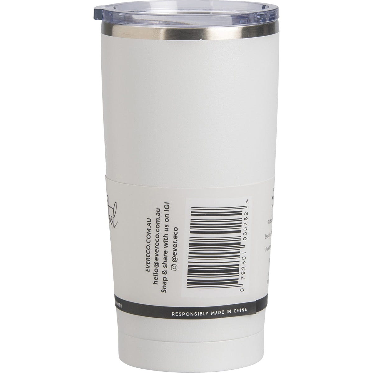 White 592ml Ever Eco insulated tumbler with a clear lid, shown from a side angle on a white background.