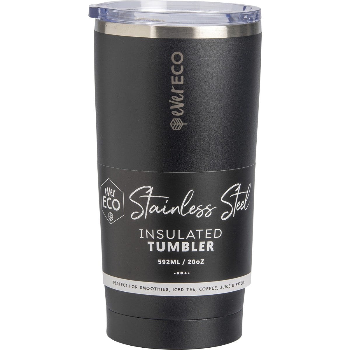 Ever Eco 592ml insulated tumbler in Matte Onyx black with a clear sliding lid on a white background.