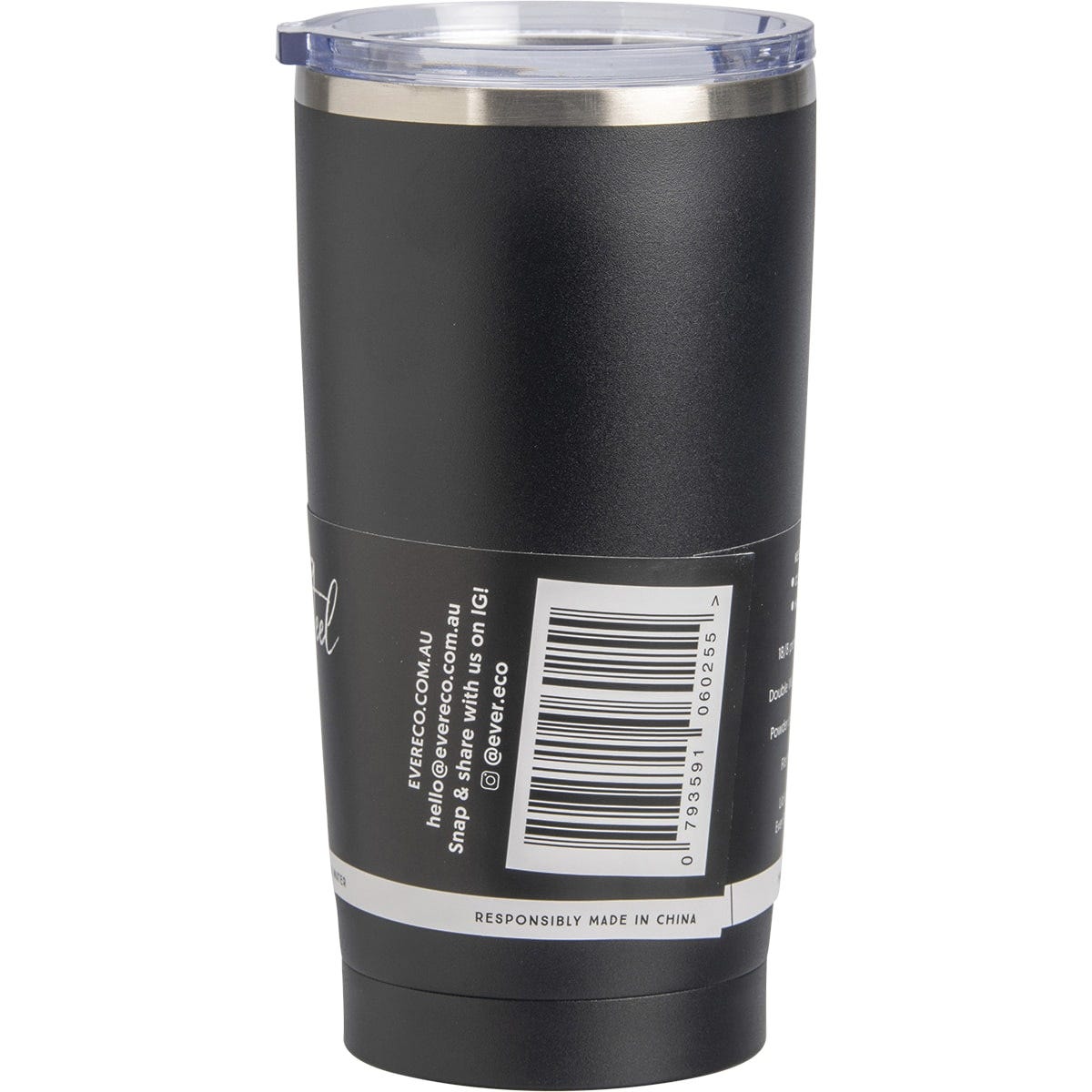 Ever Eco 592ml matte onyx insulated tumbler with a clear sliding lid, viewed from a high angle on a white background.