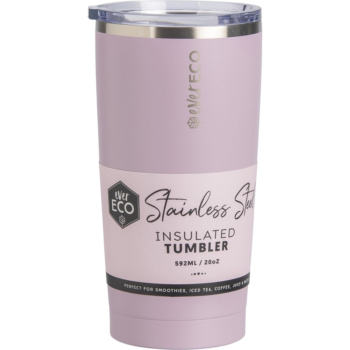 Byron Bay Lilac Ever Eco 592ml insulated tumbler with a matte powder-coated finish and a clear sliding lid.