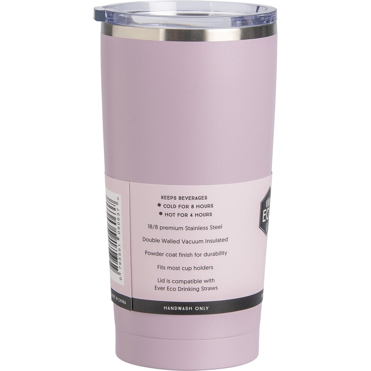Ever Eco Byron Bay Lilac 592ml insulated tumbler shown from a side angle with a matte purple finish and clear lid.