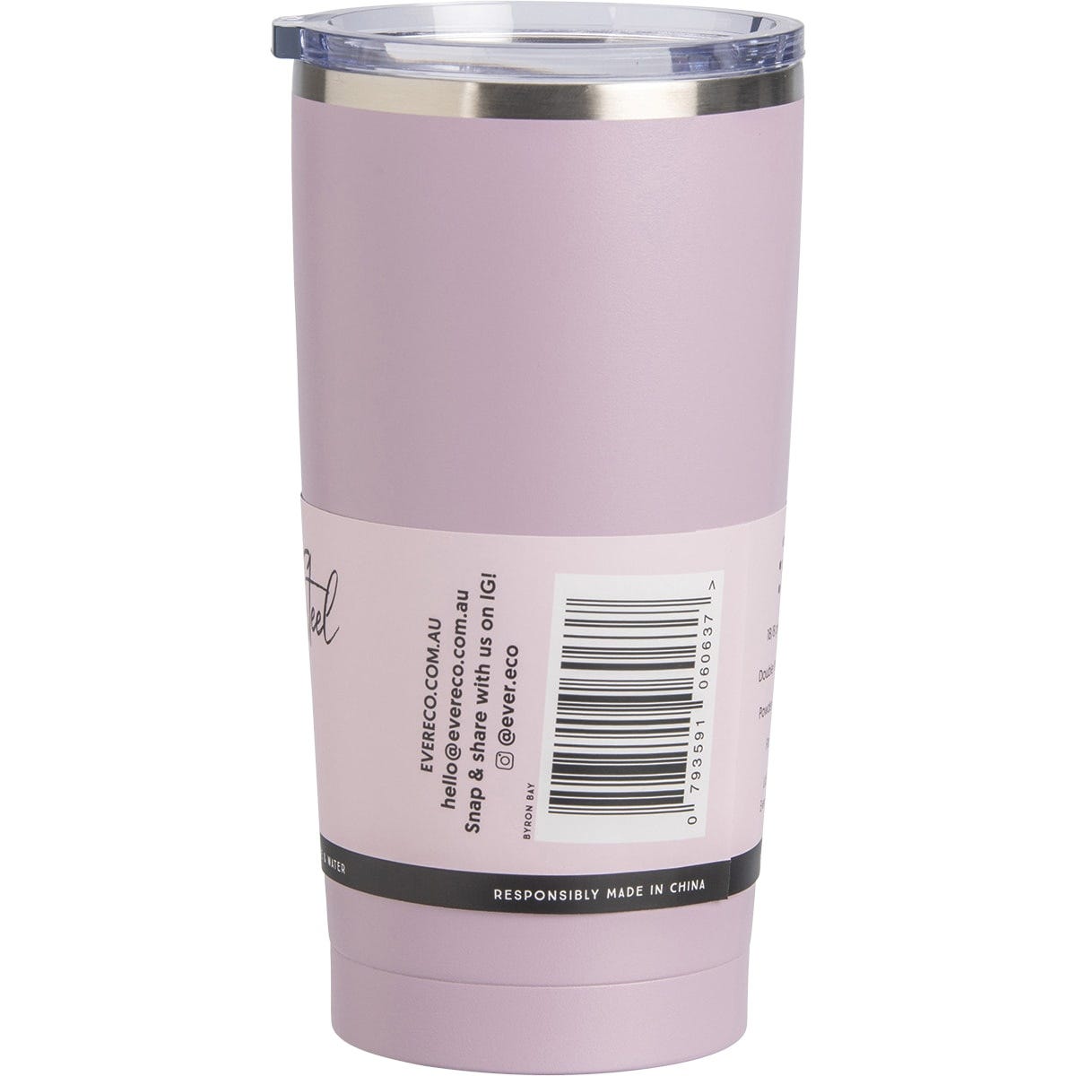 Ever Eco Byron Bay Lilac 592ml tumbler in matte purple finish, shown from a right-side angle on a white background.