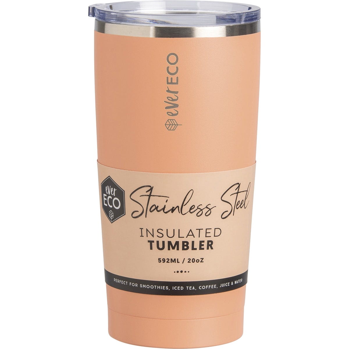 Peach 592ml Ever Eco insulated tumbler with a matte finish and clear sliding lid on a white background.
