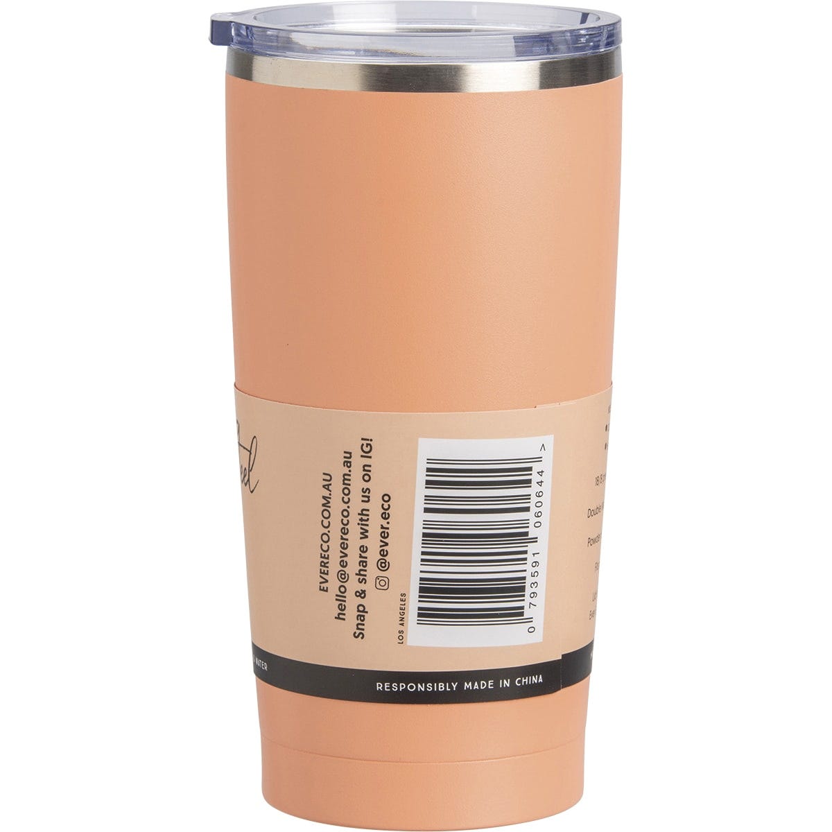 Ever Eco Los Angeles peach 592ml insulated tumbler with a matte finish and clear sliding lid shown from a right side angle.