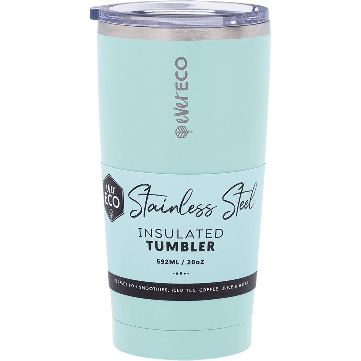 Azure blue 592ml insulated stainless steel tumbler with a clear sliding lid and a matte powder-coated finish.