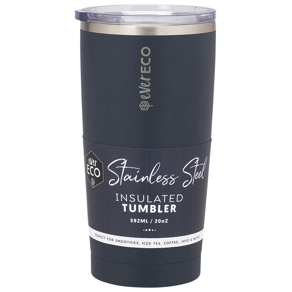 Deep navy 592ml Ever Eco insulated tumbler with a matte finish and a clear sliding lid on a white background.