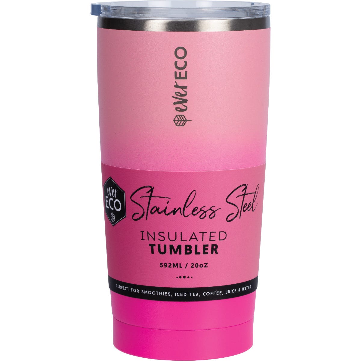 Ever Eco Rise 592ml insulated tumbler with a pink ombre matte finish, stainless steel rim, and clear sliding lid.