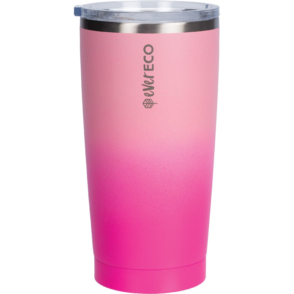 Ever Eco 592ml insulated tumbler with a pink ombre matte finish and clear sliding lid on a white background.