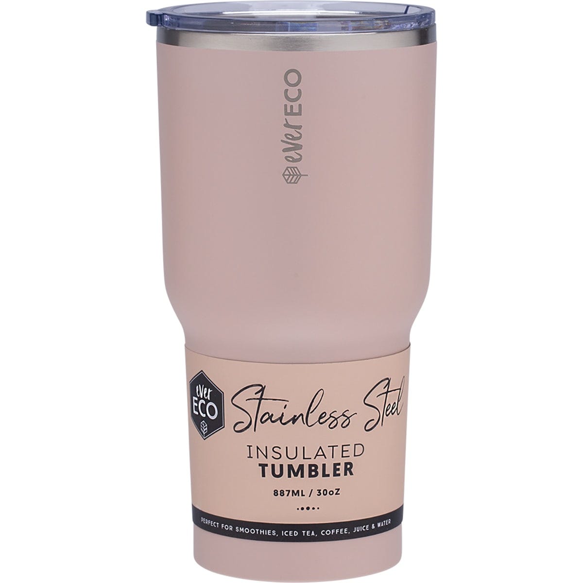 887ml Ever Eco insulated stainless steel tumbler in Rose pink with a clear sliding lid on a white background.