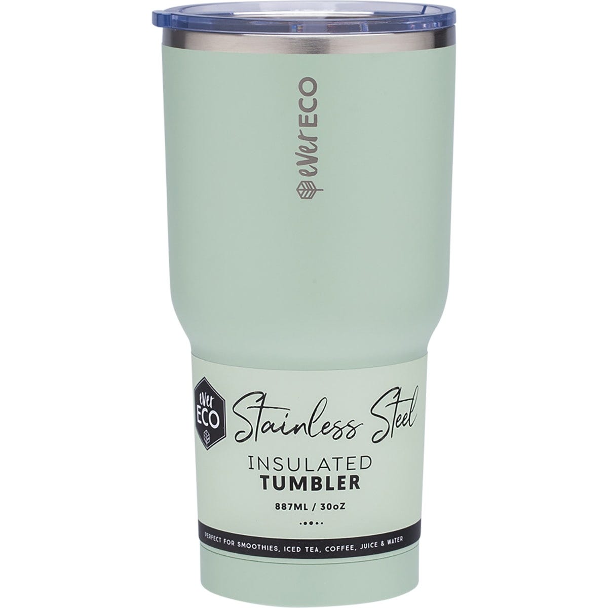 Sage green 887ml Ever Eco insulated tumbler made of stainless steel with a clear sliding lid on a white background.