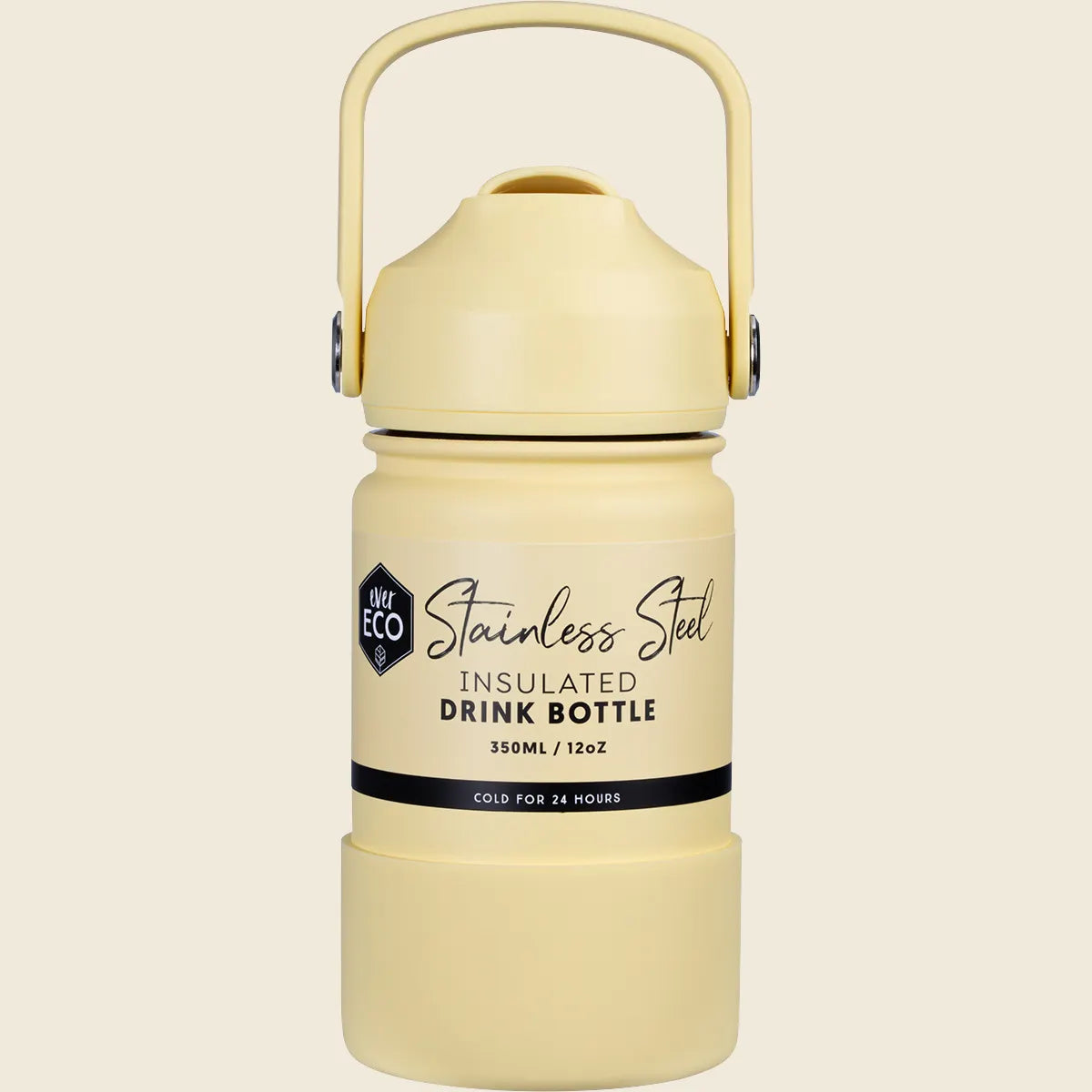 Yellow 350ml Ever Eco insulated drink bottle with a flip-up straw lid, carry handle, and protective silicone boot.