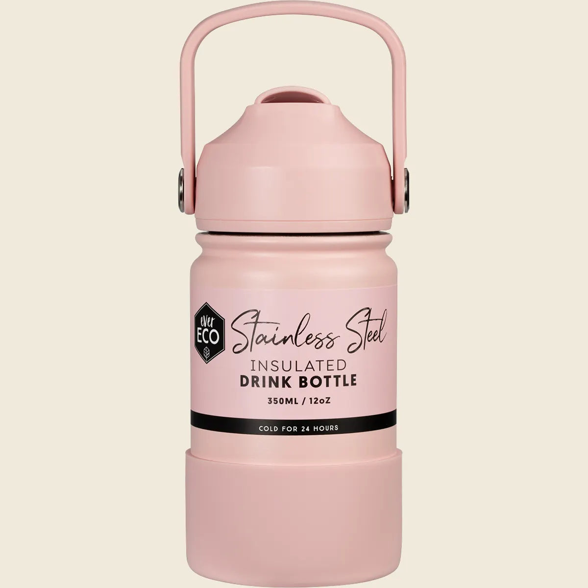350ml Ever Eco insulated drink bottle in Sorbet pink with a straw lid, carry handle, and protective silicone bumper.