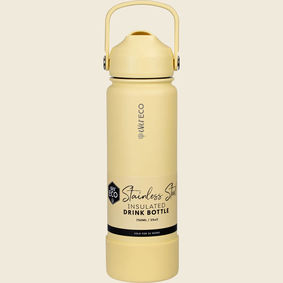 750ml Ever Eco Buttercup yellow insulated drink bottle with a straw lid, silicone bumper, and carry handle.