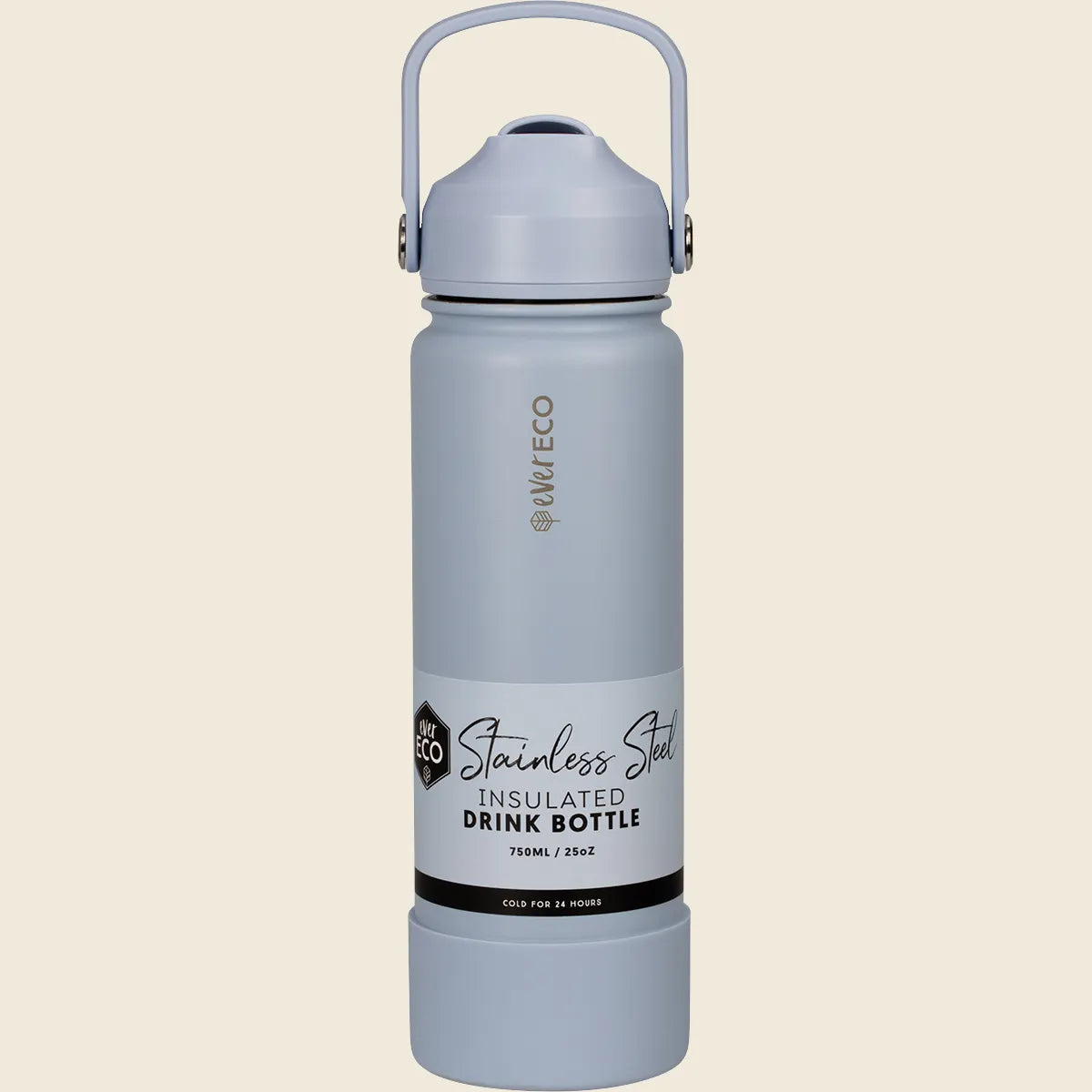 Ever Eco 750ml Cove blue insulated stainless steel drink bottle with a matching screw-top lid and carry handle.