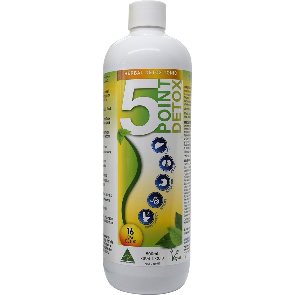 5PointDetox Herbal Detox Tonic 500ml amber bottle with a green and white label and 16-herb formula.