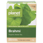Planet Organic Brahmi Herbal Tea box with 25 tea bags, featuring green leaf illustrations on a white background.