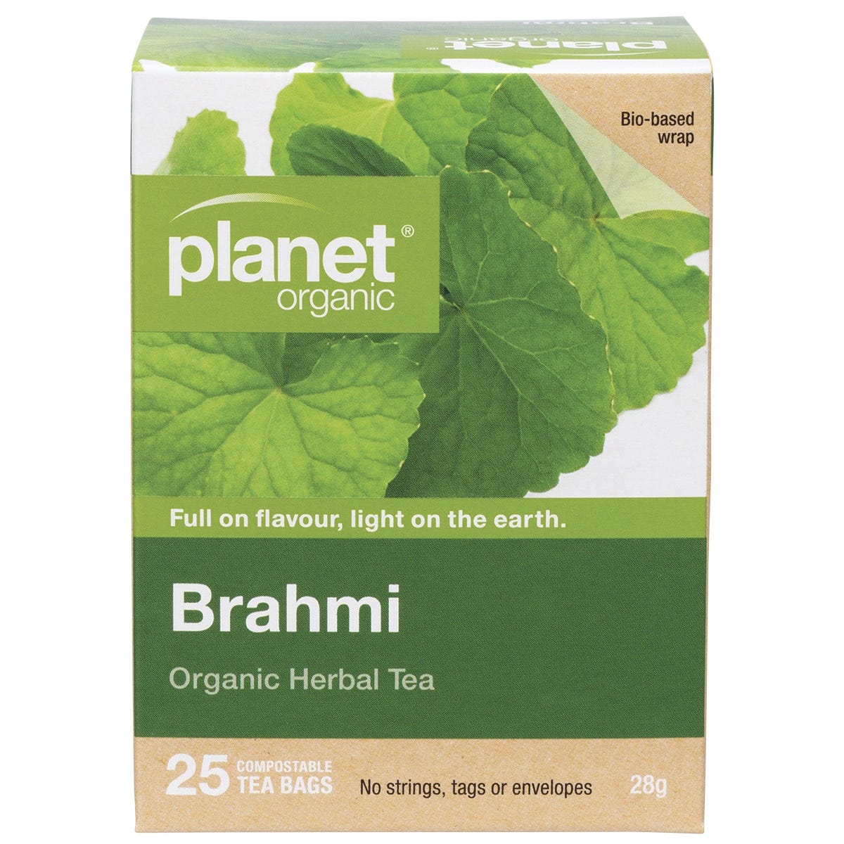 Planet Organic Brahmi Herbal Tea box with 25 tea bags, featuring green leaf illustrations on a white background.