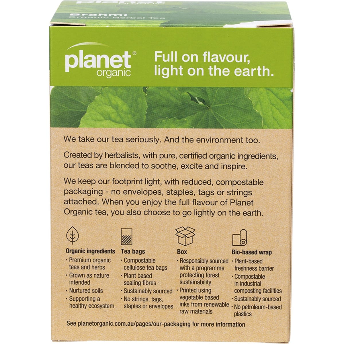 Back view of Planet Organic Brahmi Tea 25 pack box showing ingredients and brewing instructions on a white background.