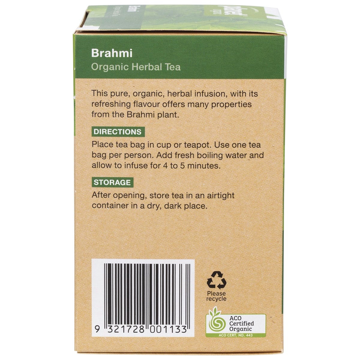 Side view of a Planet Organic Brahmi Tea box highlighting product benefits and its "Certified Organic" status.