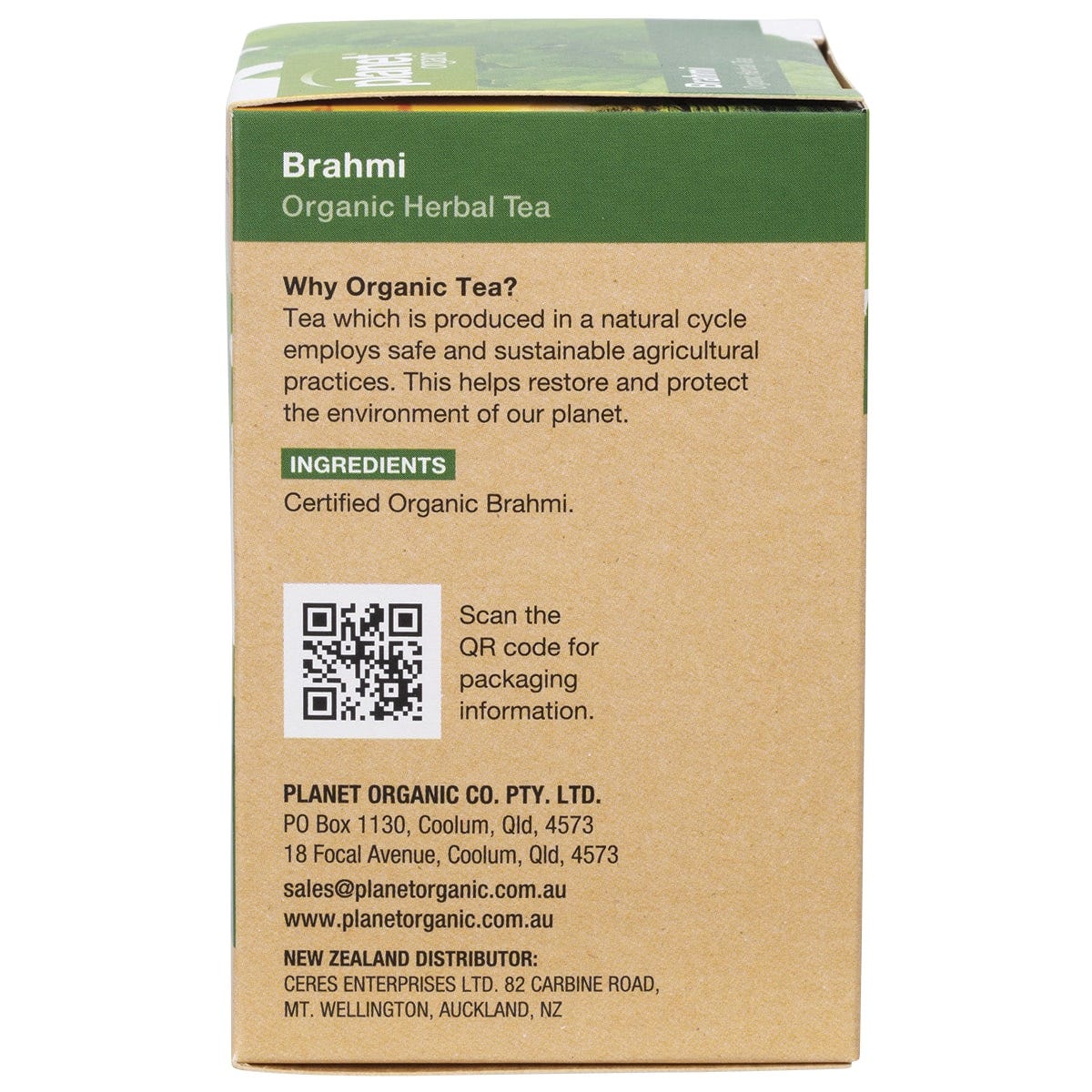 Right side of Planet Organic Brahmi Tea box showing product features and Australian Certified Organic logo.