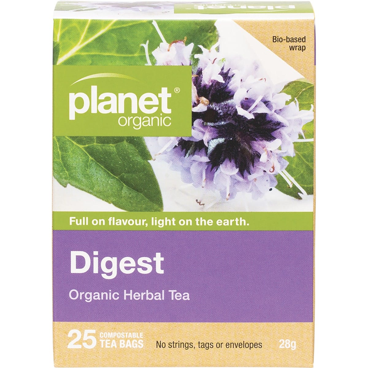 Planet Organic Digest Herbal Tea 25 pack box featuring ginger, peppermint, and lemongrass on a white background.