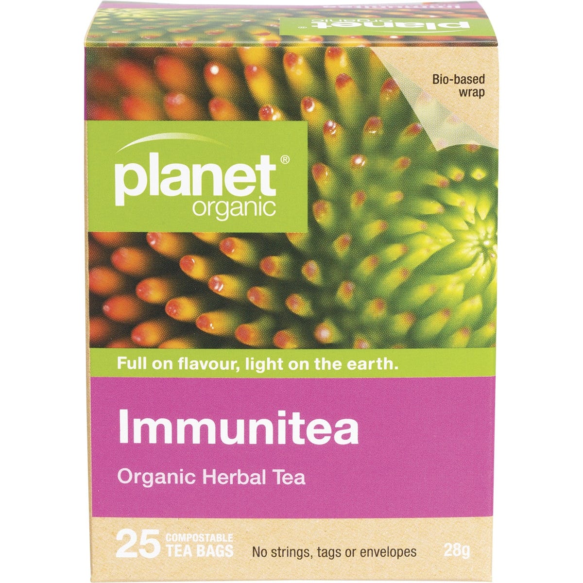 Planet Organic Immunitea box with 25 tea bags, featuring elderflower, echinacea, and olive leaf.