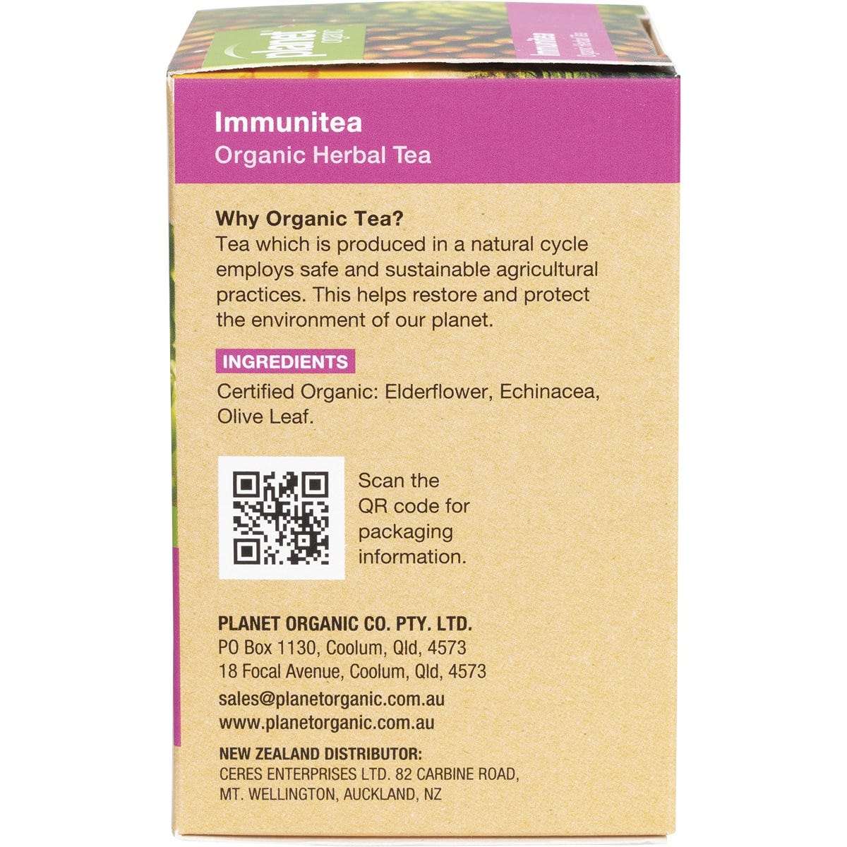 Side view of Planet Organic Immunitea box showing product benefits and a "100% Certified Organic" logo.