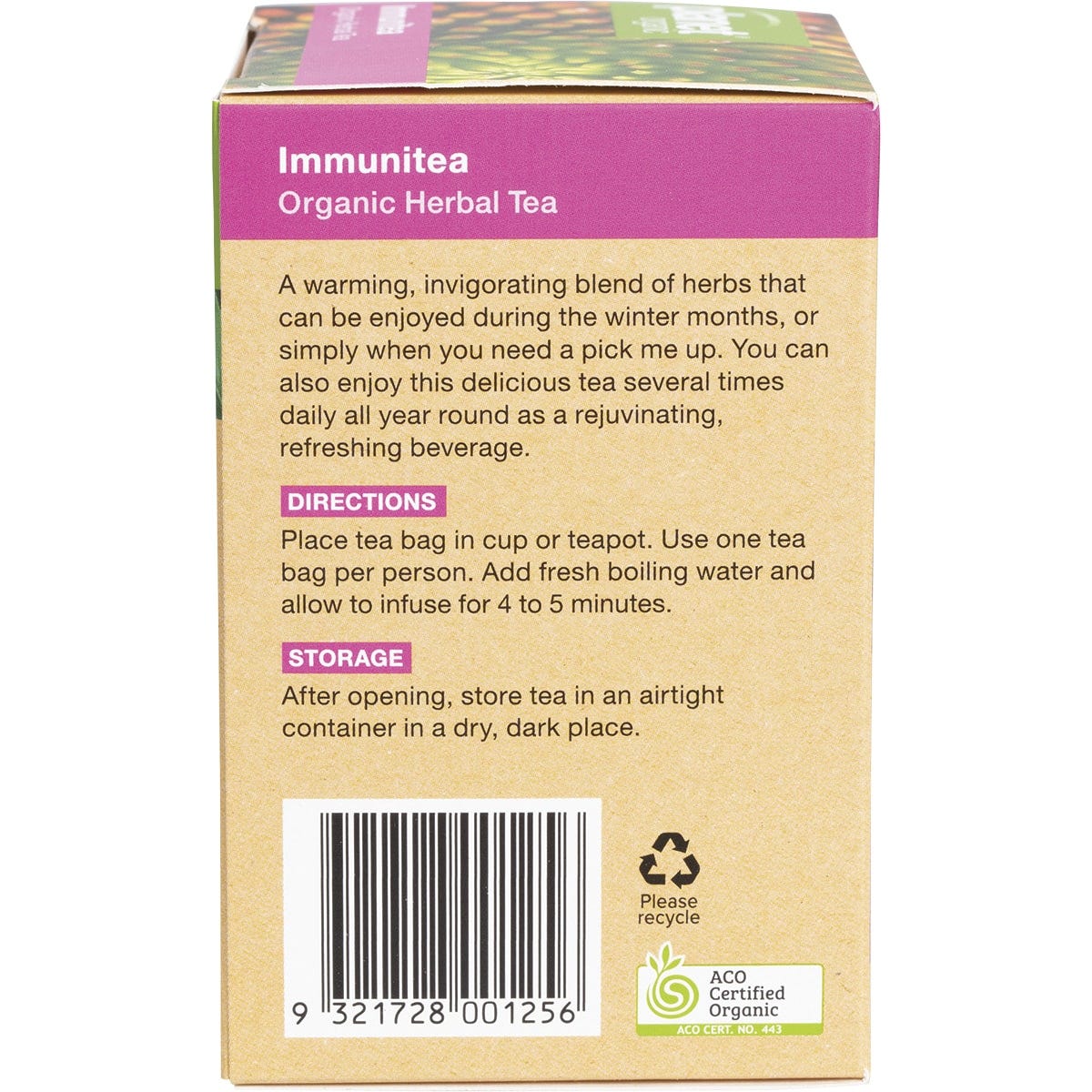 Right side of Planet Organic Immunitea 25-pack box featuring a barcode and an Australian Made and Owned logo.