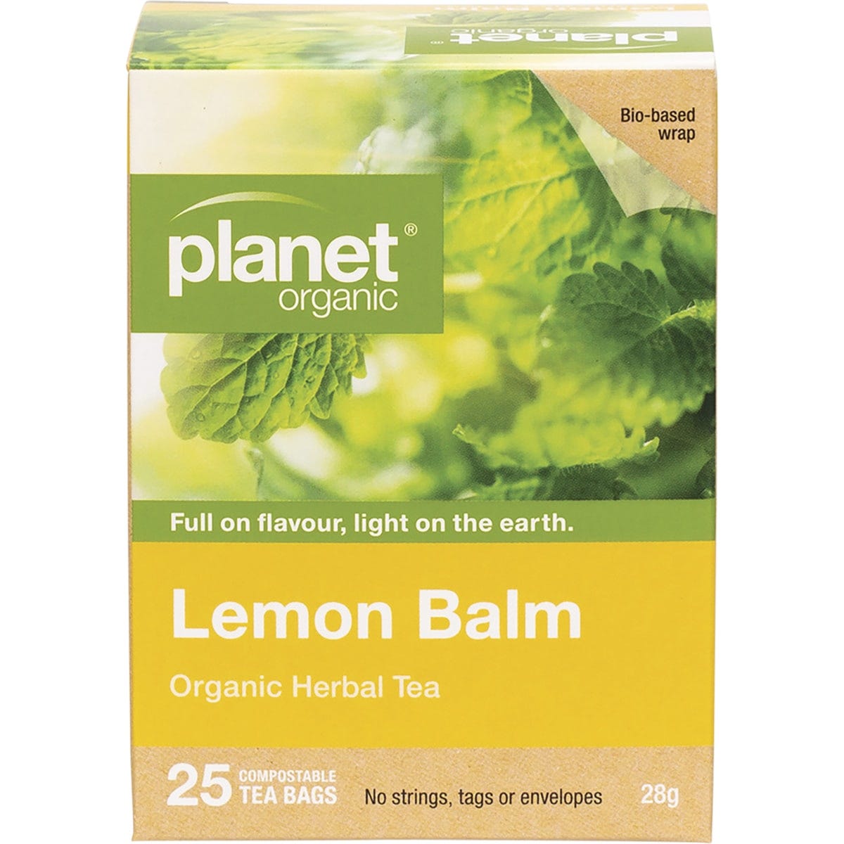 Box of 25 Planet Organic Lemon Balm herbal tea bags with botanical leaf illustrations on a white background.