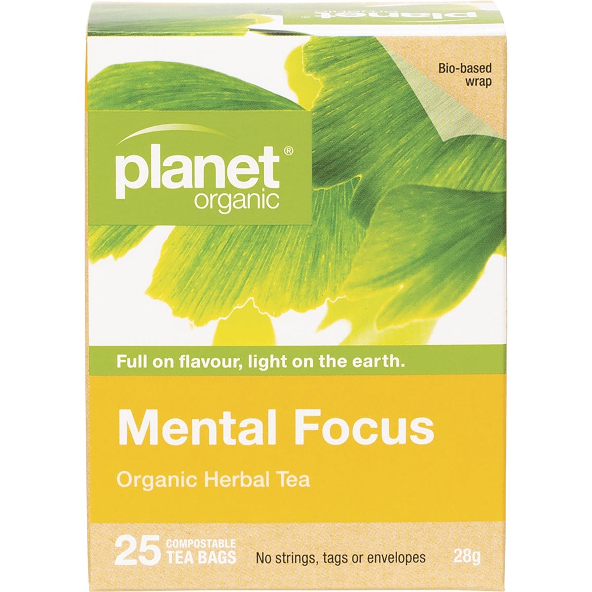 A 25-pack box of Planet Organic Mental Focus herbal tea bags featuring yellow and green botanical illustrations.