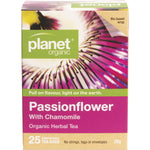 Box of 25 Planet Organic Passionflower Herbal Tea bags featuring a purple floral design on a white background.