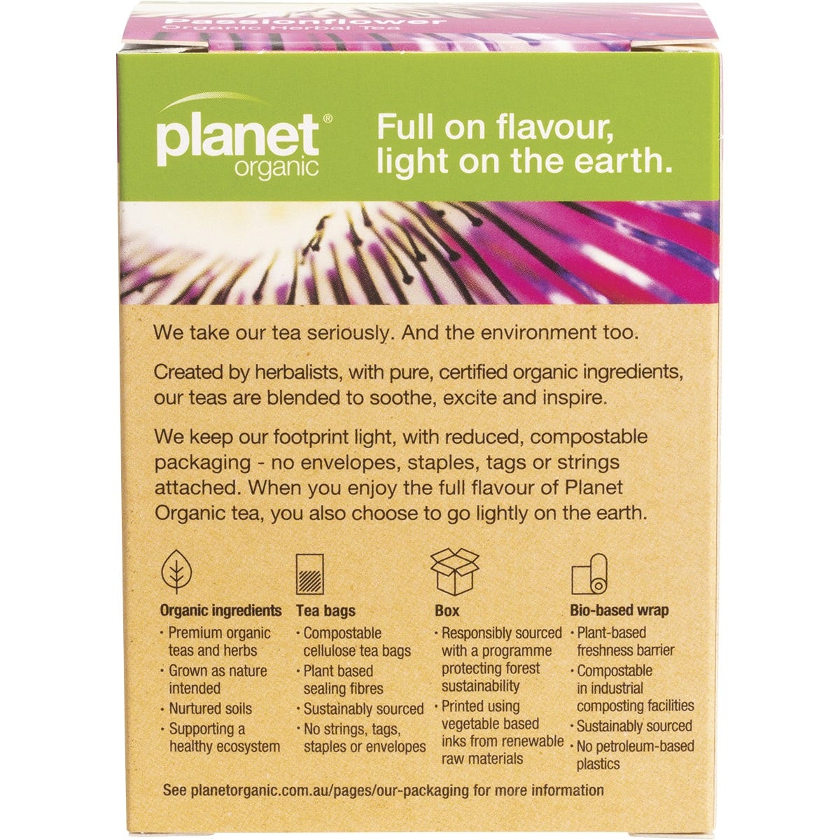Back of Planet Organic Passionflower tea box with ingredients, brewing instructions, and organic certification details.