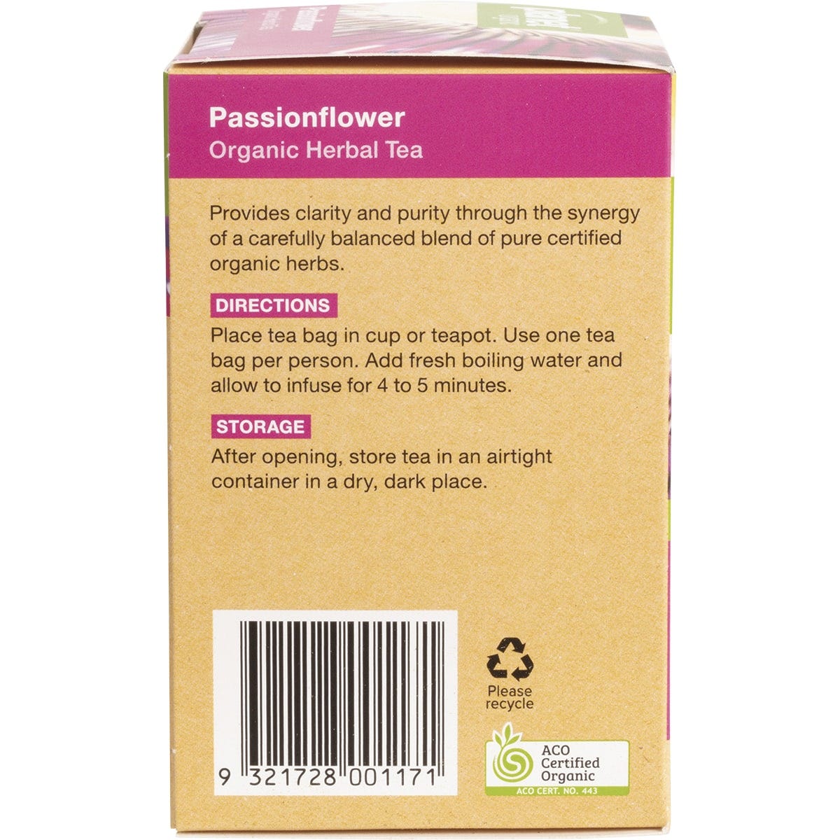 Side view of a Planet Organic Passionflower tea box showing product benefits and Australian certified organic logo.