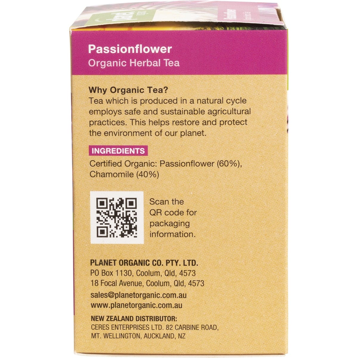 Side view of Planet Organic Passionflower tea box showing environmental features and recyclable packaging.