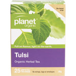 Planet Organic Tulsi Herbal Tea 25-pack box featuring a purple label with green leaf illustrations.