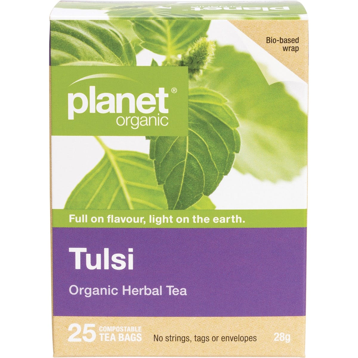Planet Organic Tulsi Herbal Tea 25-pack box featuring a purple label with green leaf illustrations.