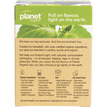The back of a Planet Organic Tulsi Tea box showing ingredients and brewing instructions on a purple background.