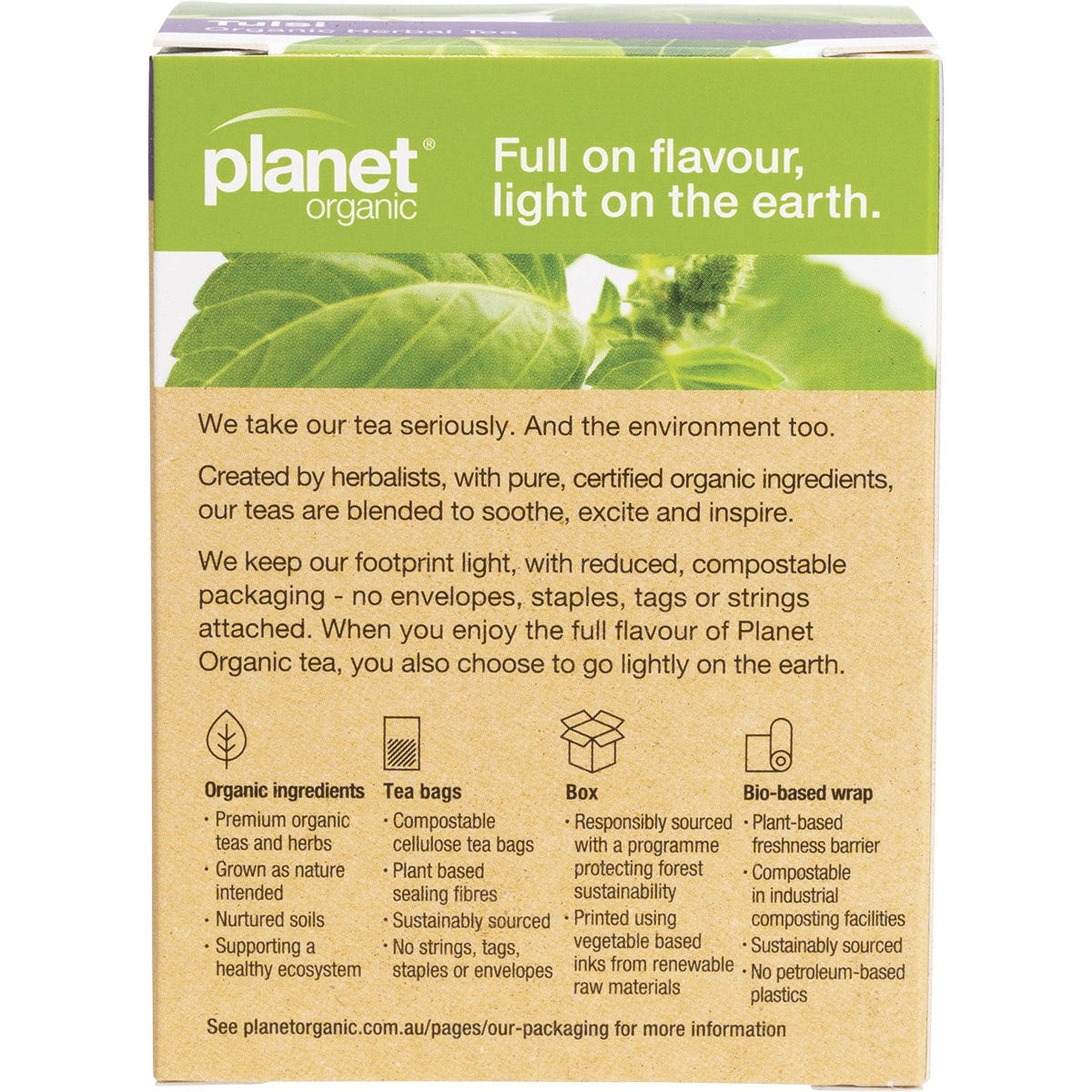 The back of a Planet Organic Tulsi Tea box showing ingredients and brewing instructions on a purple background.