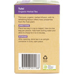 Left side of Planet Organic Tulsi Tea box highlighting organic certification and "25 Tea Bags" on a purple background.