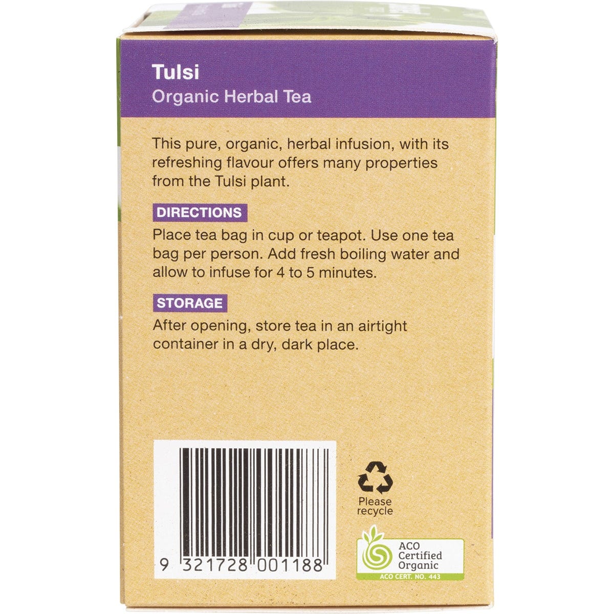 Left side of Planet Organic Tulsi Tea box highlighting organic certification and "25 Tea Bags" on a purple background.