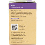 Right side of Planet Organic Tulsi Tea box highlighting its stress-relieving and health-promoting properties.