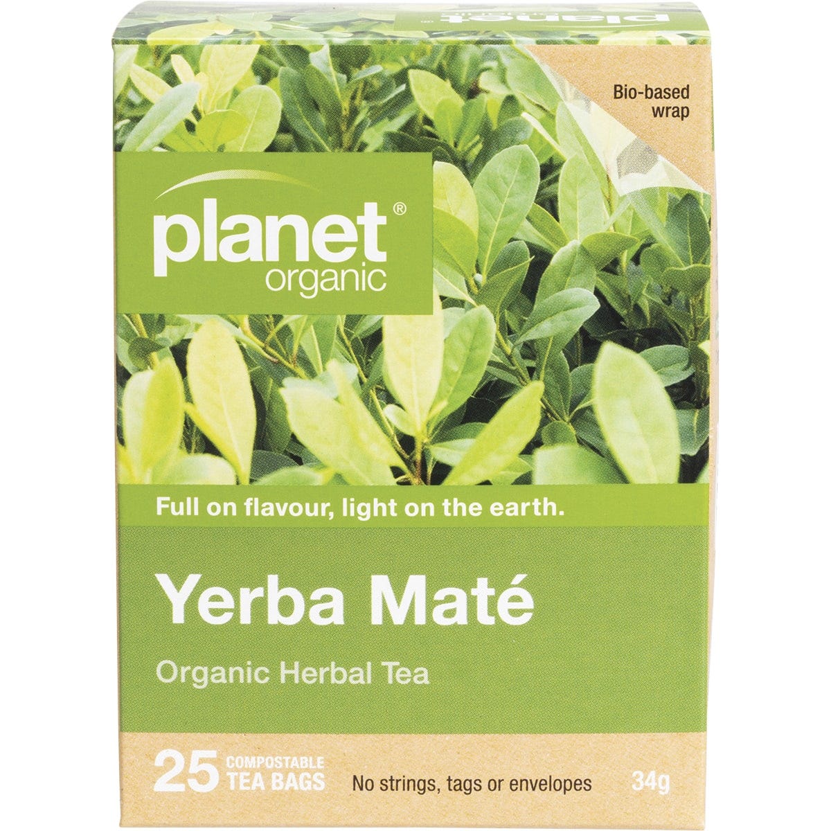 Planet Organic Yerba Mate tea bags 25 pack box featuring a green leaf design on a white and green background.