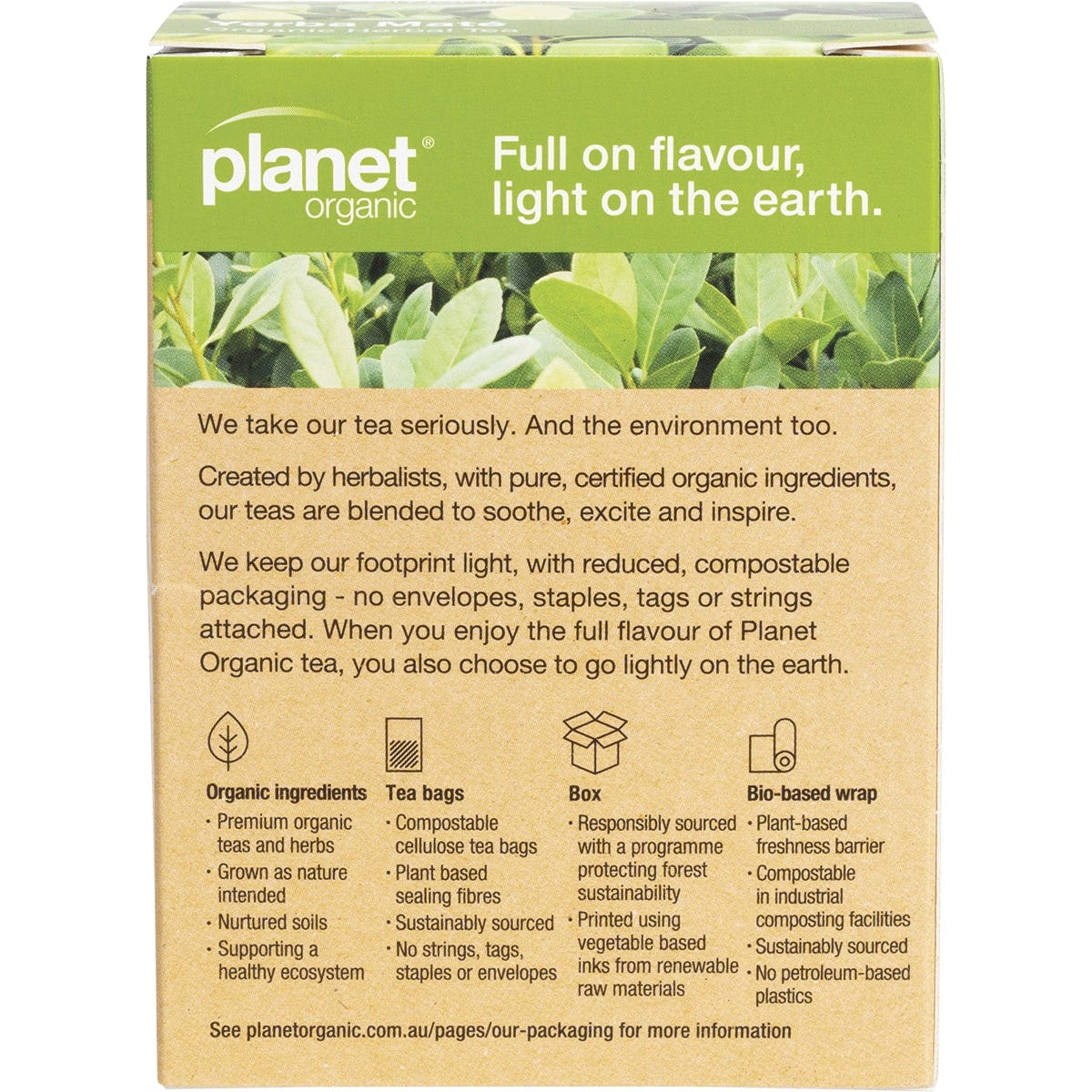 Back view of Planet Organic Yerba Mate 25 tea bags box showing ingredients, brewing directions, and product information.
