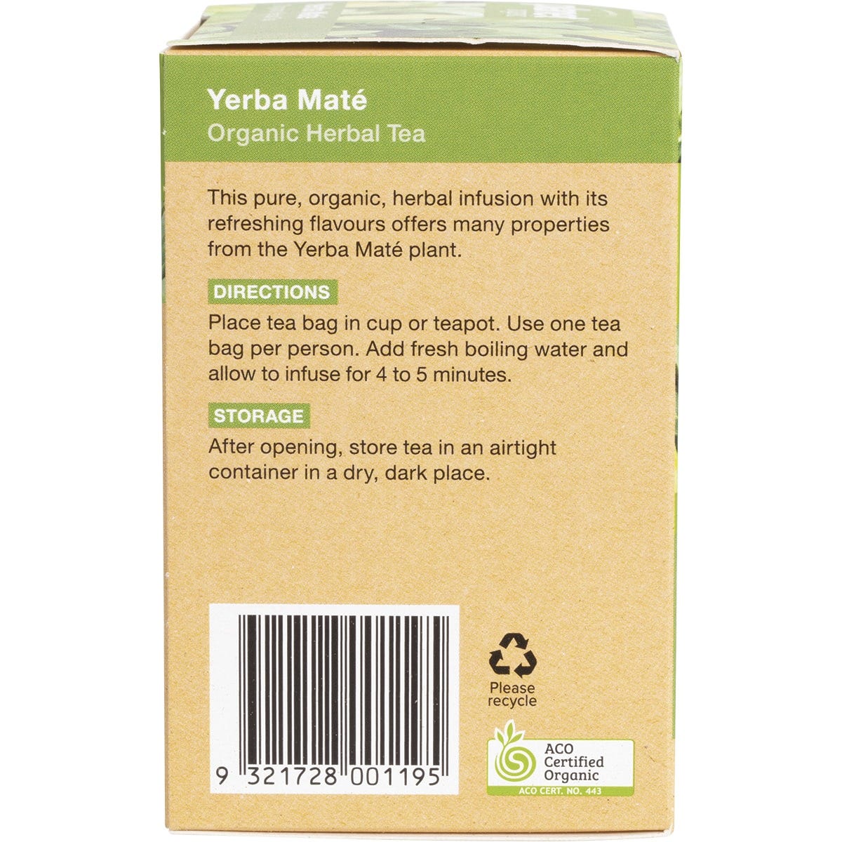 Side view of a Planet Organic Yerba Mate tea box showing product benefits and certified organic logos.