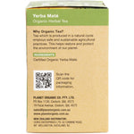 Side view of Planet Organic Yerba Mate 25-pack box featuring product features and a green tea leaf illustration.