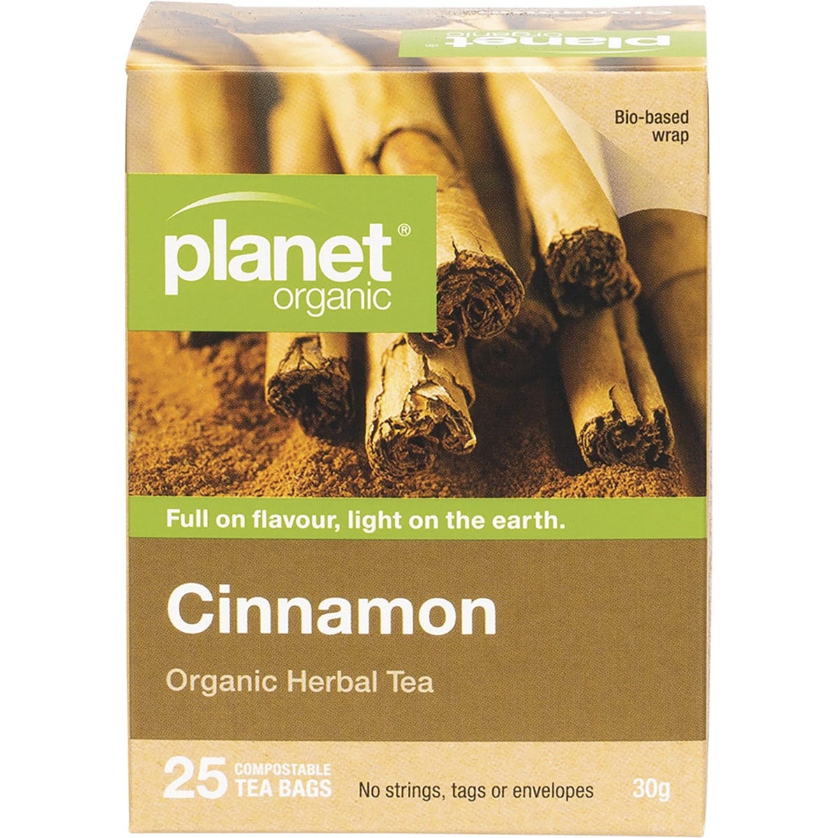Planet Organic Cinnamon Herbal Tea 25 pack box featuring warm orange tones and a cinnamon stick illustration.
