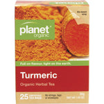 Planet Organic Turmeric Herbal Tea box with 25 bags, featuring a yellow design and organic turmeric root illustrations.